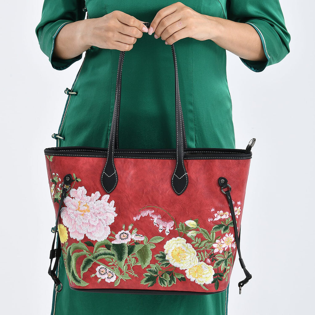 New Launch-Floral Embroidered Tote Bag - Red