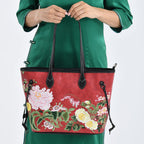 New Launch-Floral Embroidered Tote Bag - Red