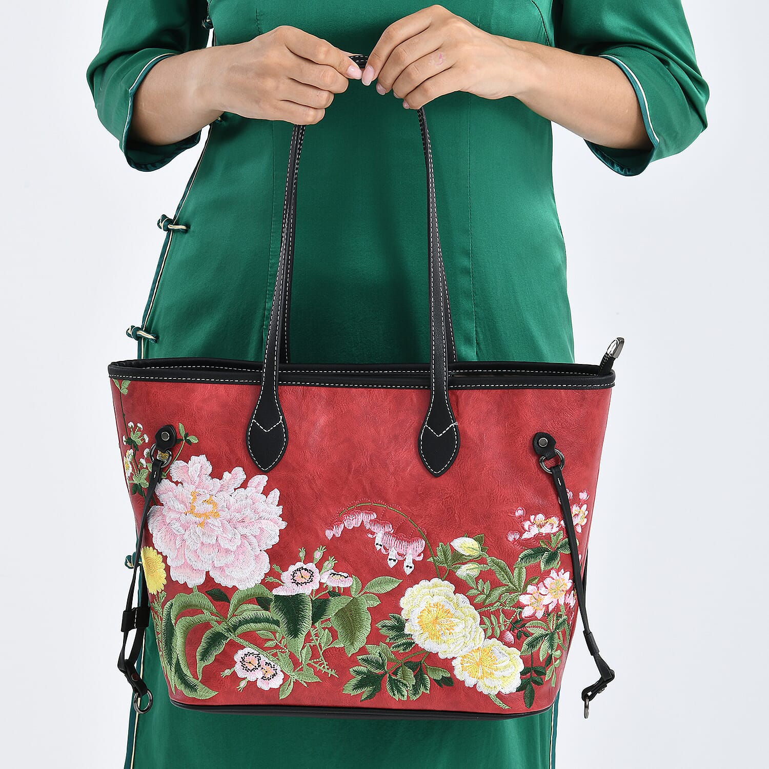 New Launch-Floral Embroidered Tote Bag - Red