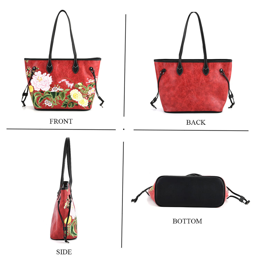 New Launch-Floral Embroidered Tote Bag - Red