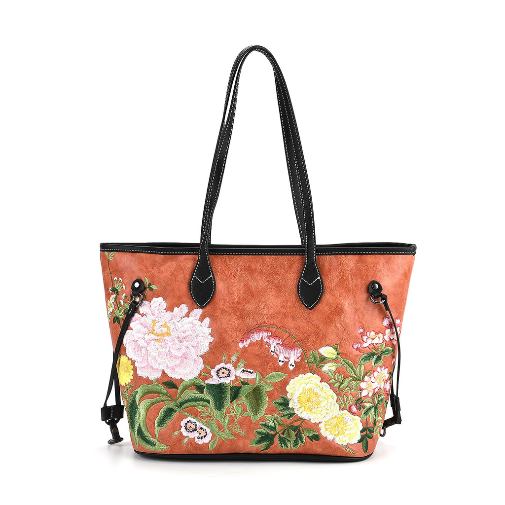 Floral Embroidered Tote Bag - Terracotta