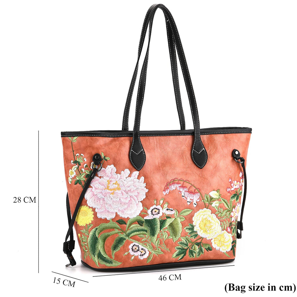 Floral Embroidered Tote Bag - Terracotta