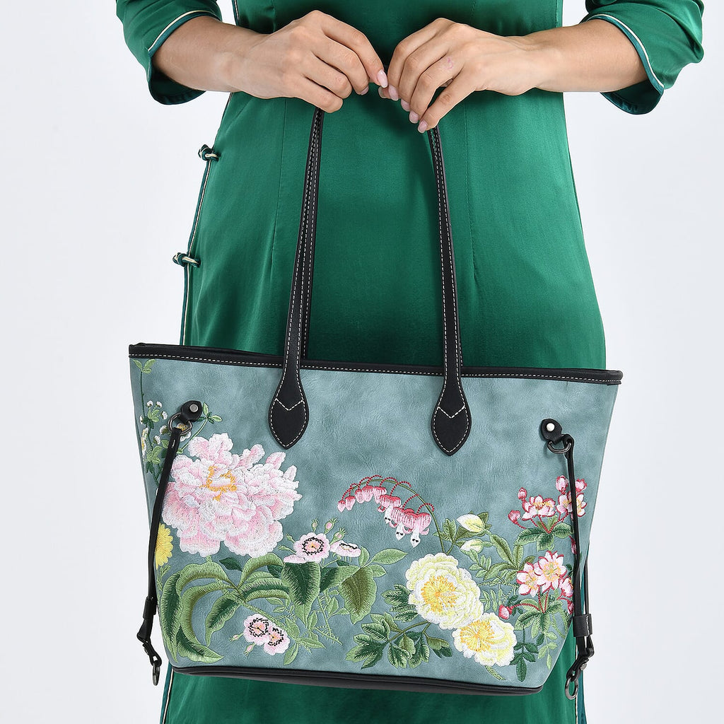 Floral Embroidered Tote Bag - Blue