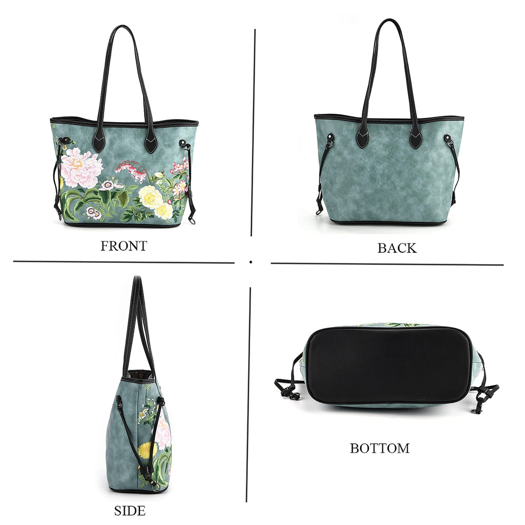 Floral Embroidered Tote Bag - Blue
