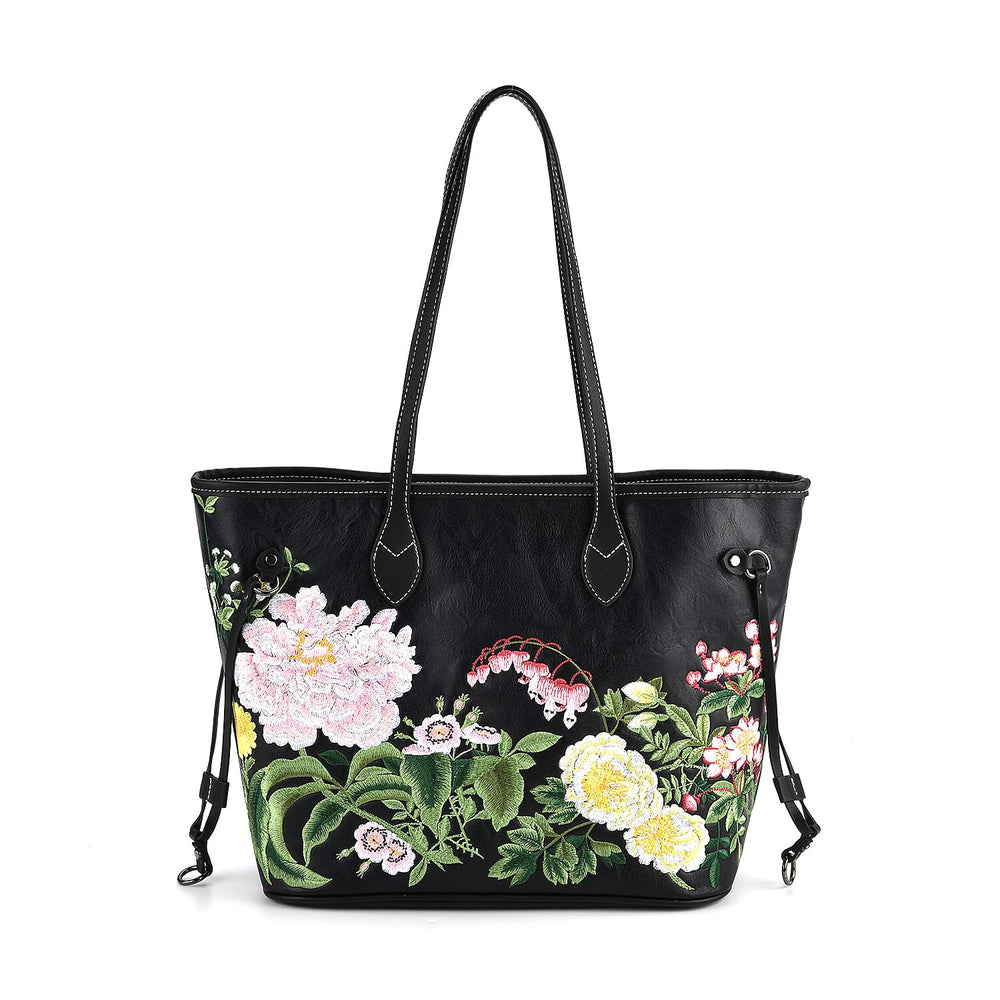 Floral Embroidered Tote Bag - Black