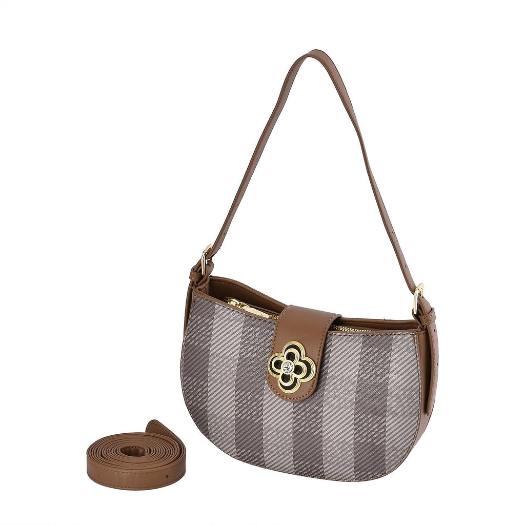 Closeout Deal Checkered Pattern Shoulder Bag - Camel - Off White