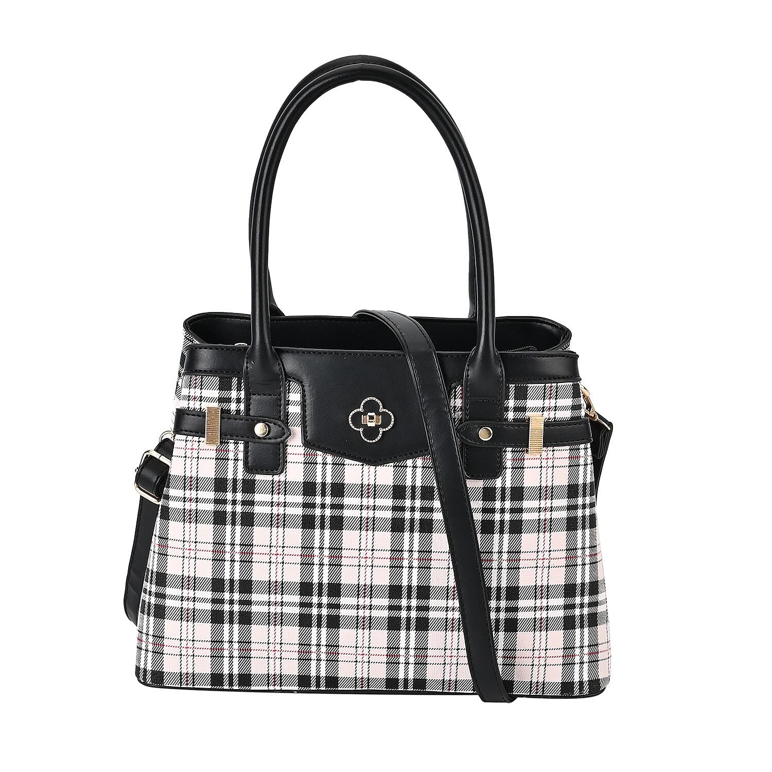 Designer Inspired Closeout - Plaid Crossbody Bag With Handle Drop - Black