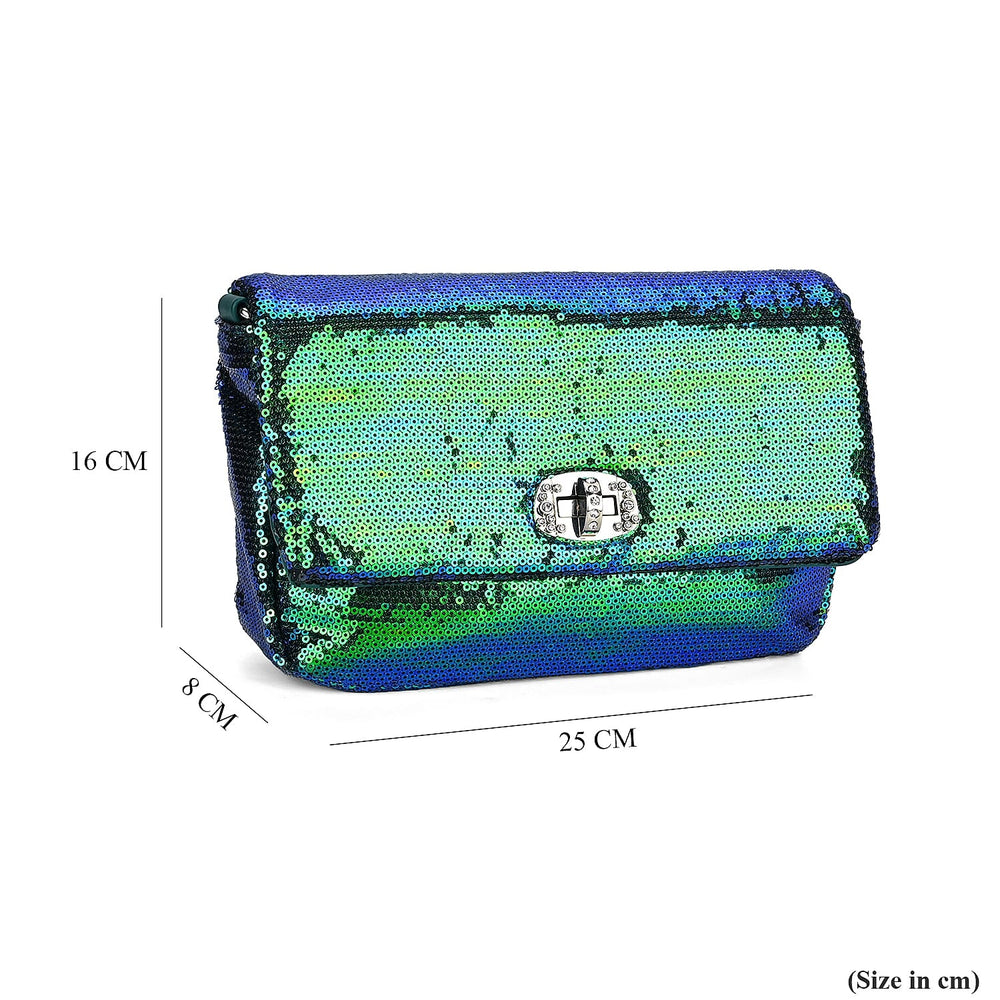 Leatherette Sequin Crossbody Bag with 2 Metal Chain - Green