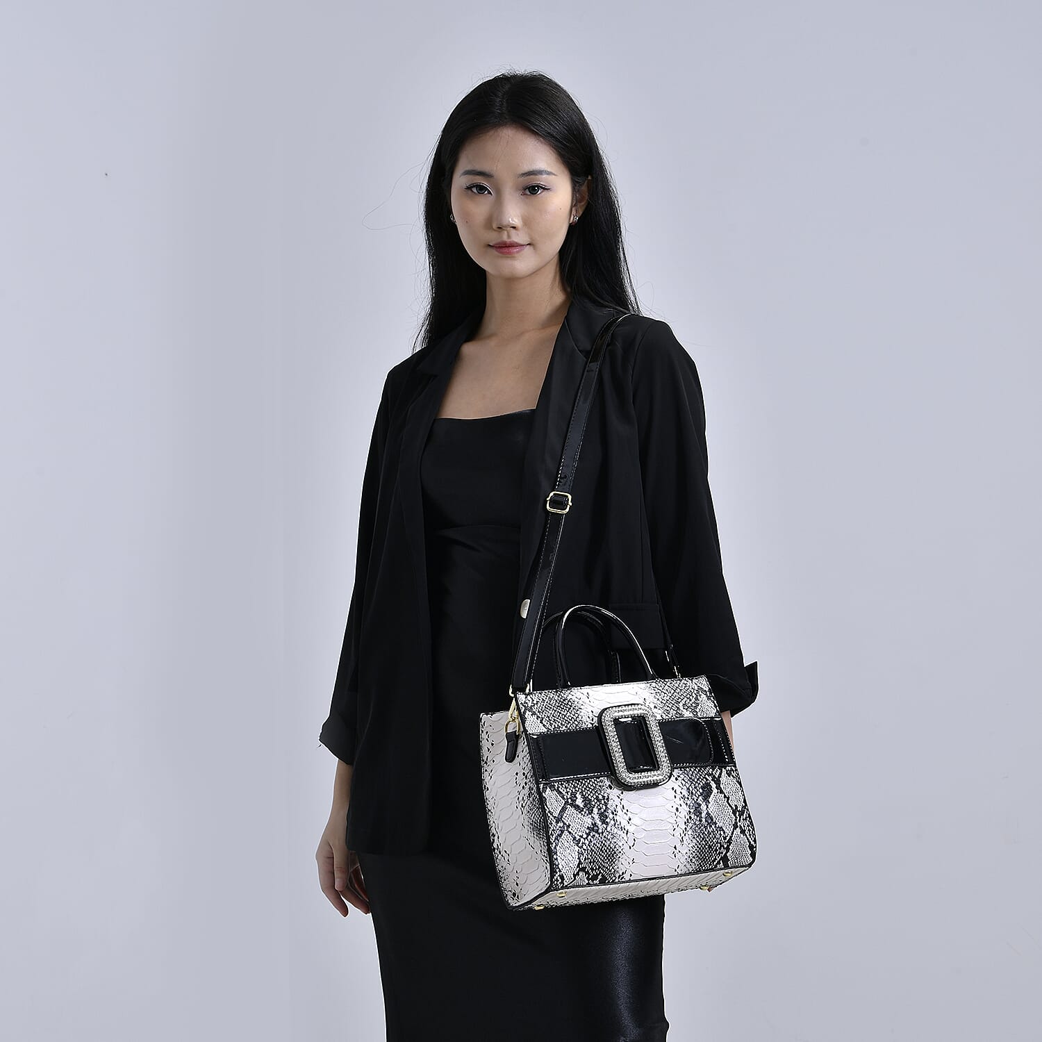 Snake Embossed Crossbody Bag - Black