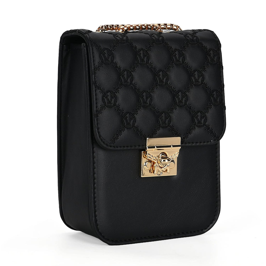 Elegant Monogram Quilted Phone Bag with Matching Clutch Card Holder - Black