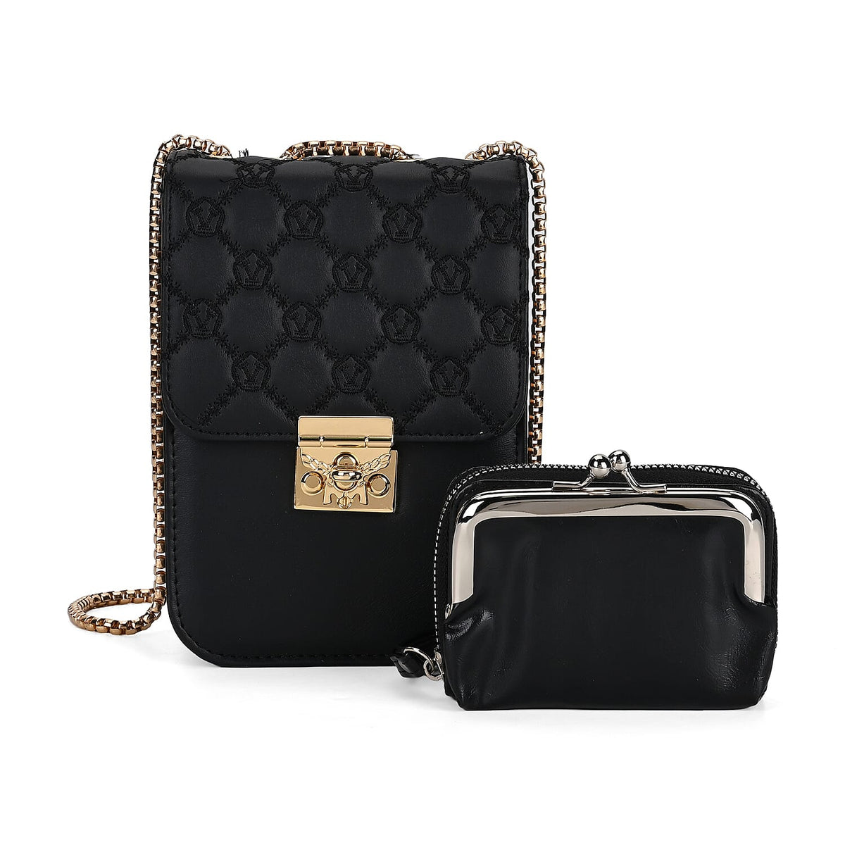 Elegant Monogram Quilted Phone Bag with Matching Clutch Card Holder - Black