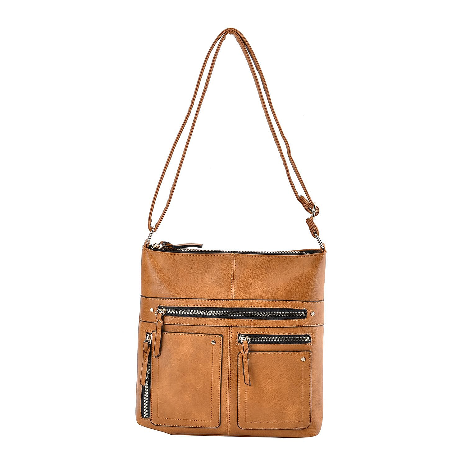 Leatherette Multi Compartment Crossbody Bag - Tan