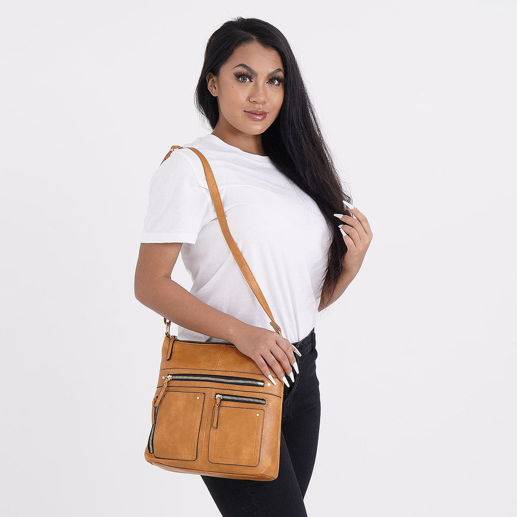 Leatherette Multi Compartment Crossbody Bag - Tan