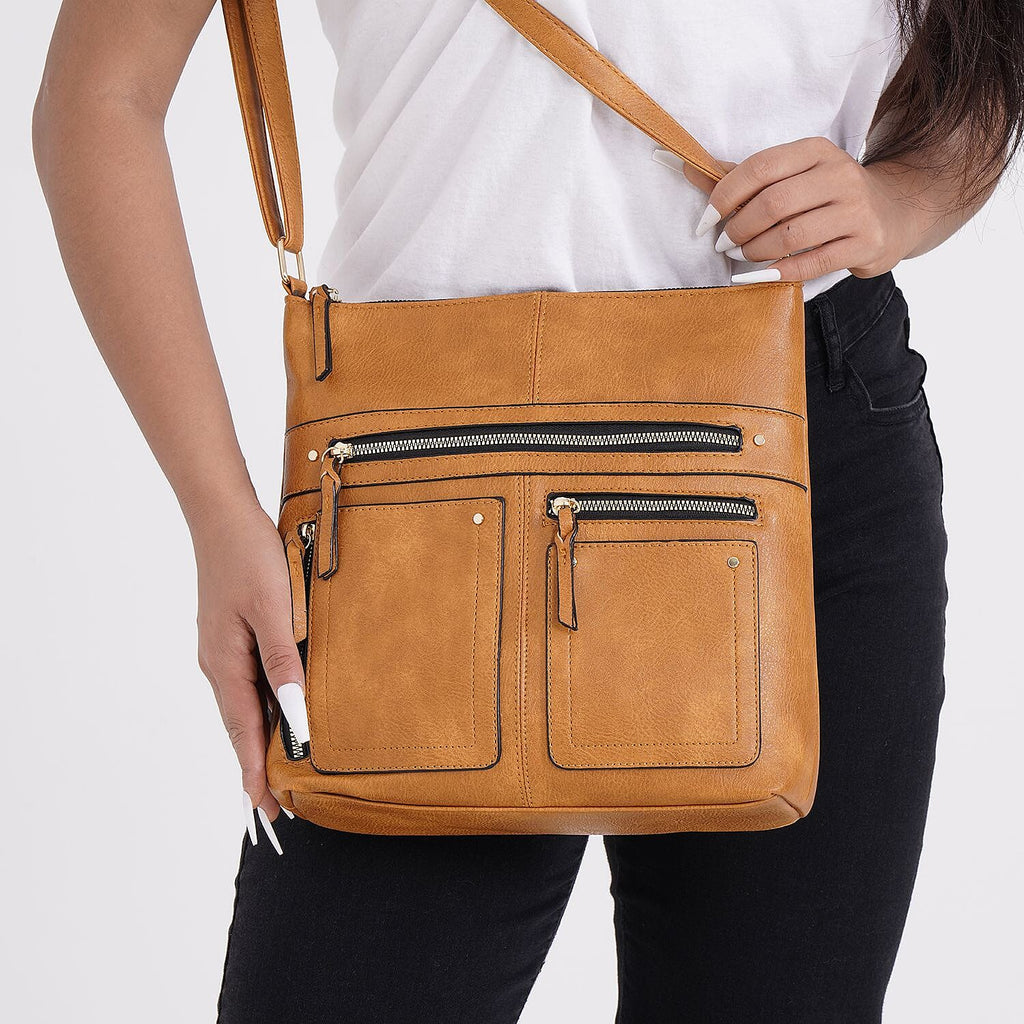 Leatherette Multi Compartment Crossbody Bag - Tan