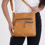 Leatherette Multi Compartment Crossbody Bag - Tan