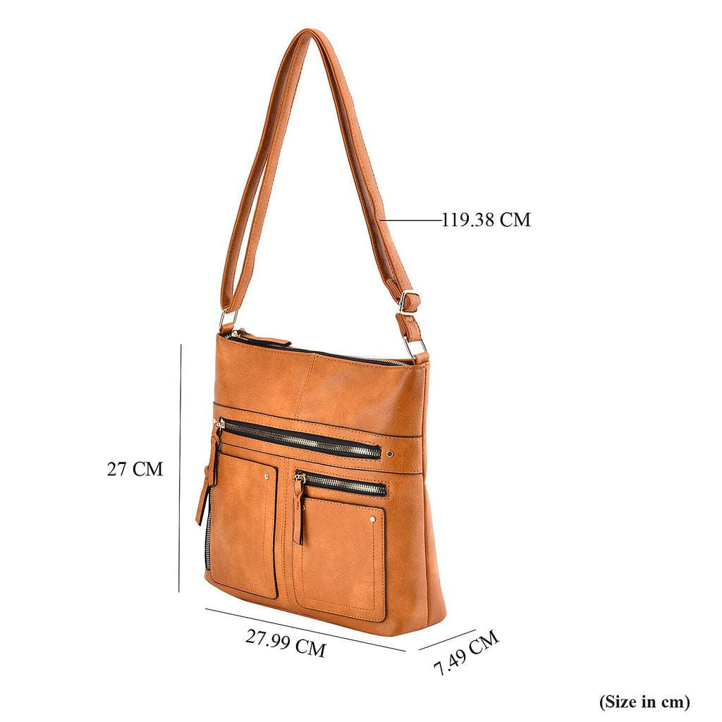 Leatherette Multi Compartment Crossbody Bag - Tan
