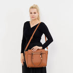 Stylish Solid Leatherette Crossbody Bag with Handle Drop - Tan