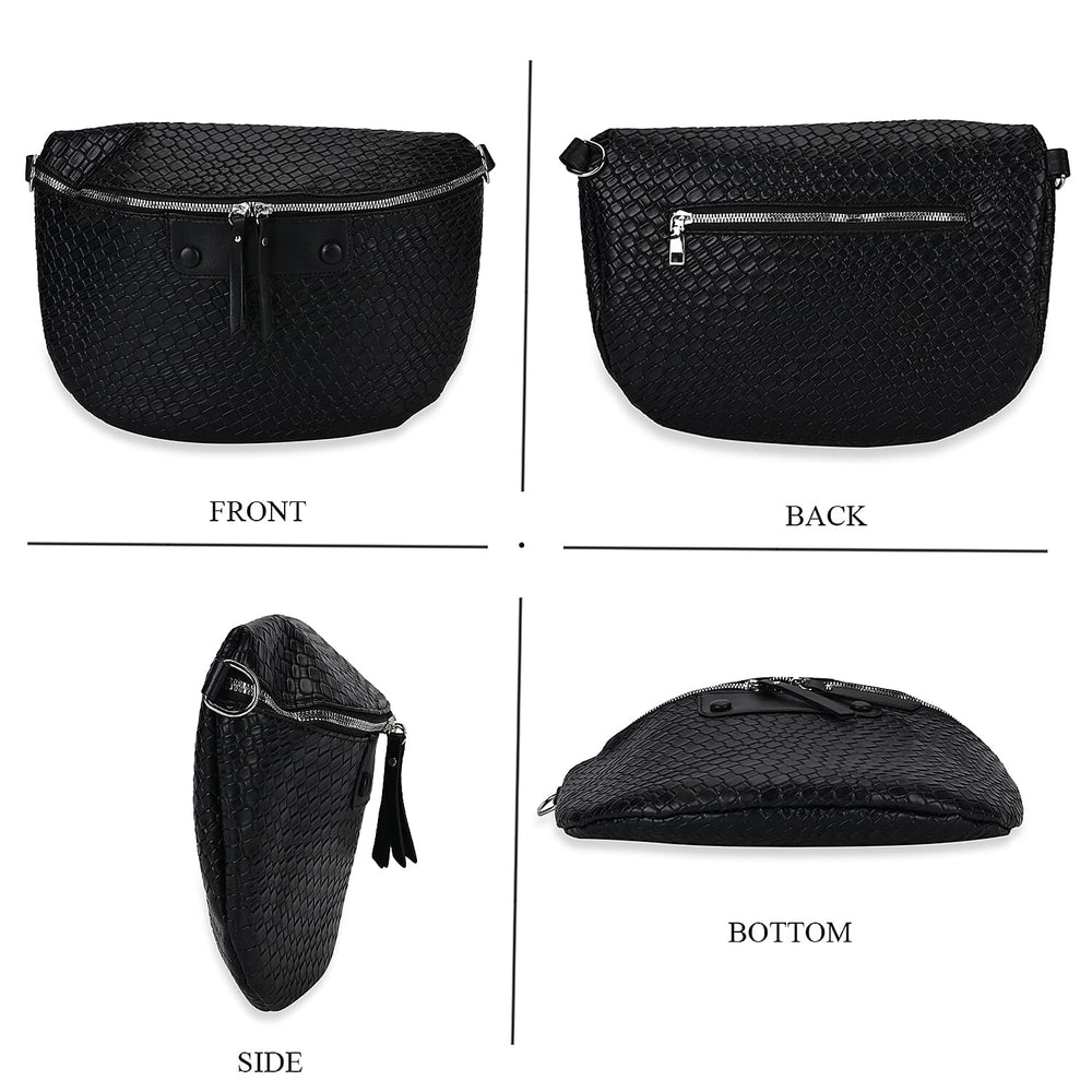 Leatherette Weave Pattern Crossbody Bag - Black