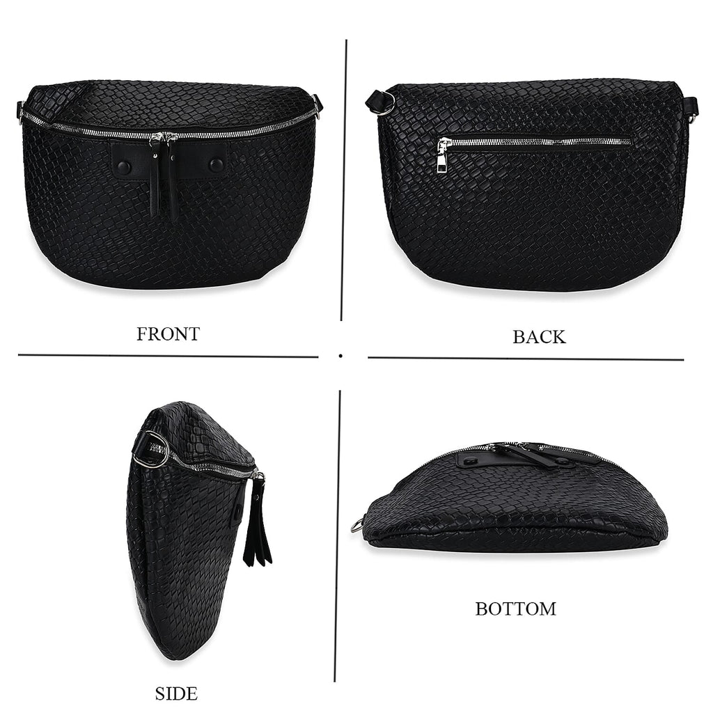 Leatherette Weave Pattern Crossbody Bag - Black