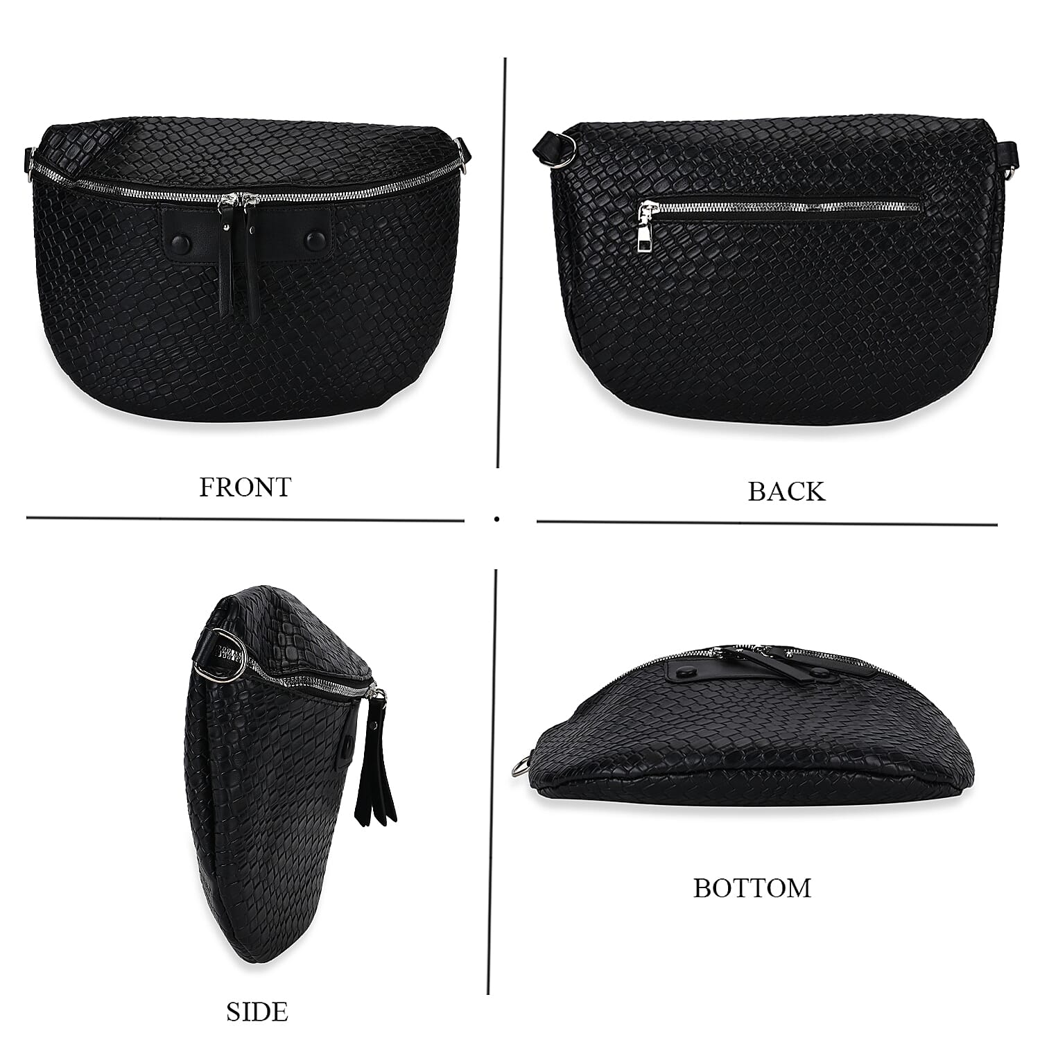 Leatherette Weave Pattern Crossbody Bag - Black