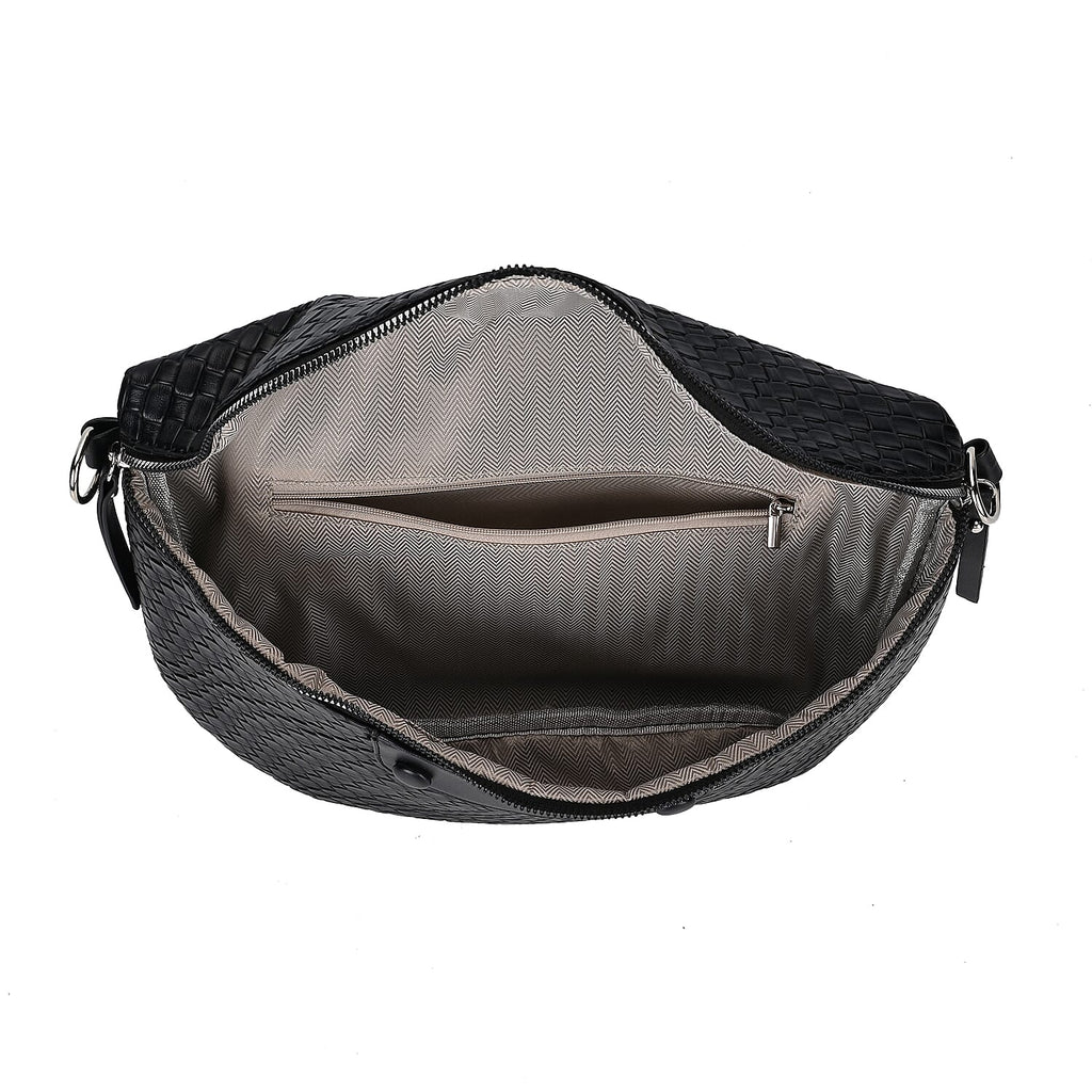 Leatherette Weave Pattern Crossbody Bag - Black