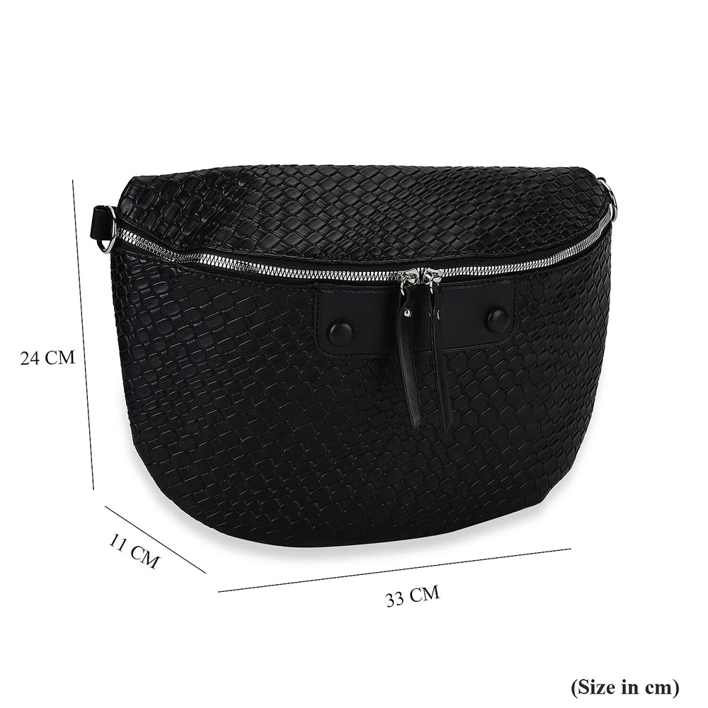 Leatherette Weave Pattern Crossbody Bag - Black
