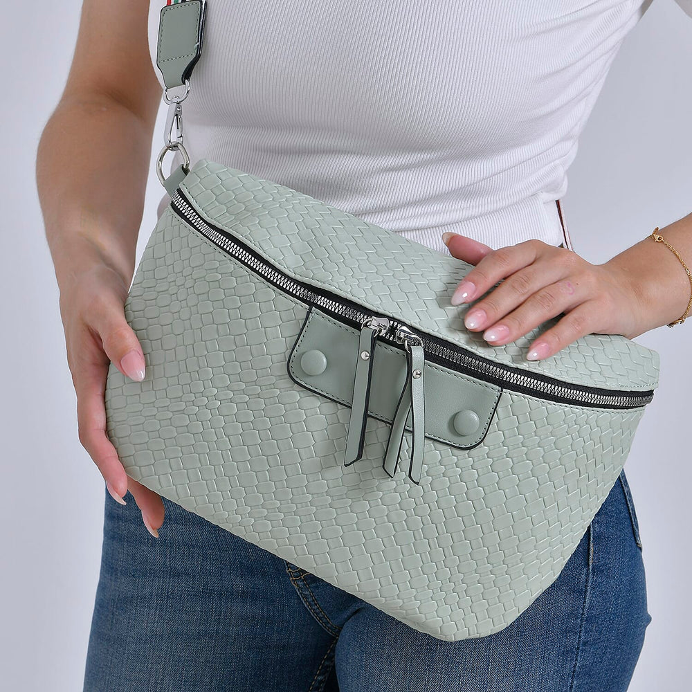 Leatherette Weave Pattern Crossbody Bag - Olive