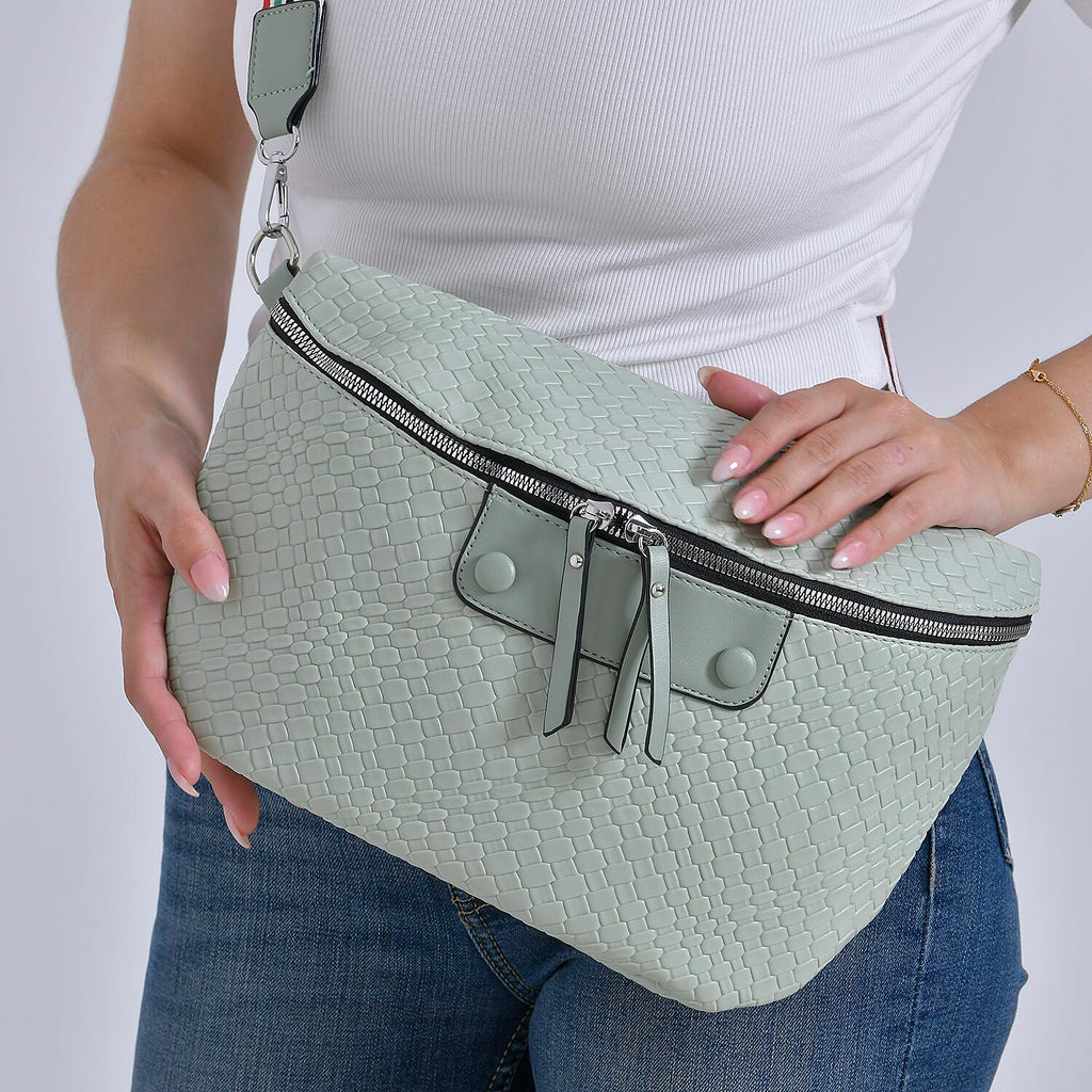 Leatherette Weave Pattern Crossbody Bag - Olive