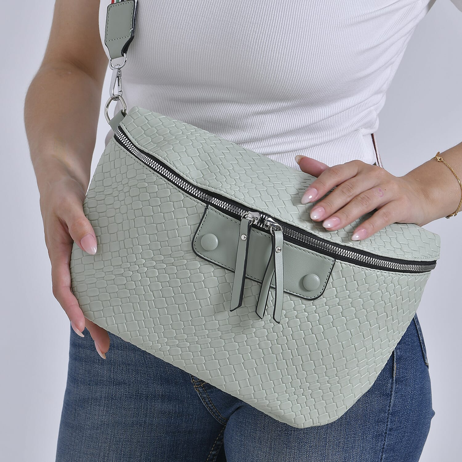 Leatherette Weave Pattern Crossbody Bag - Olive
