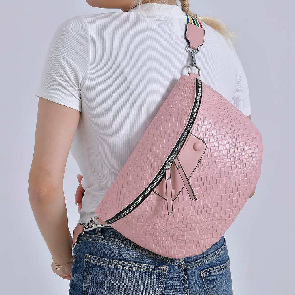 Leatherette Weave Pattern Crossbody Bag - Pink