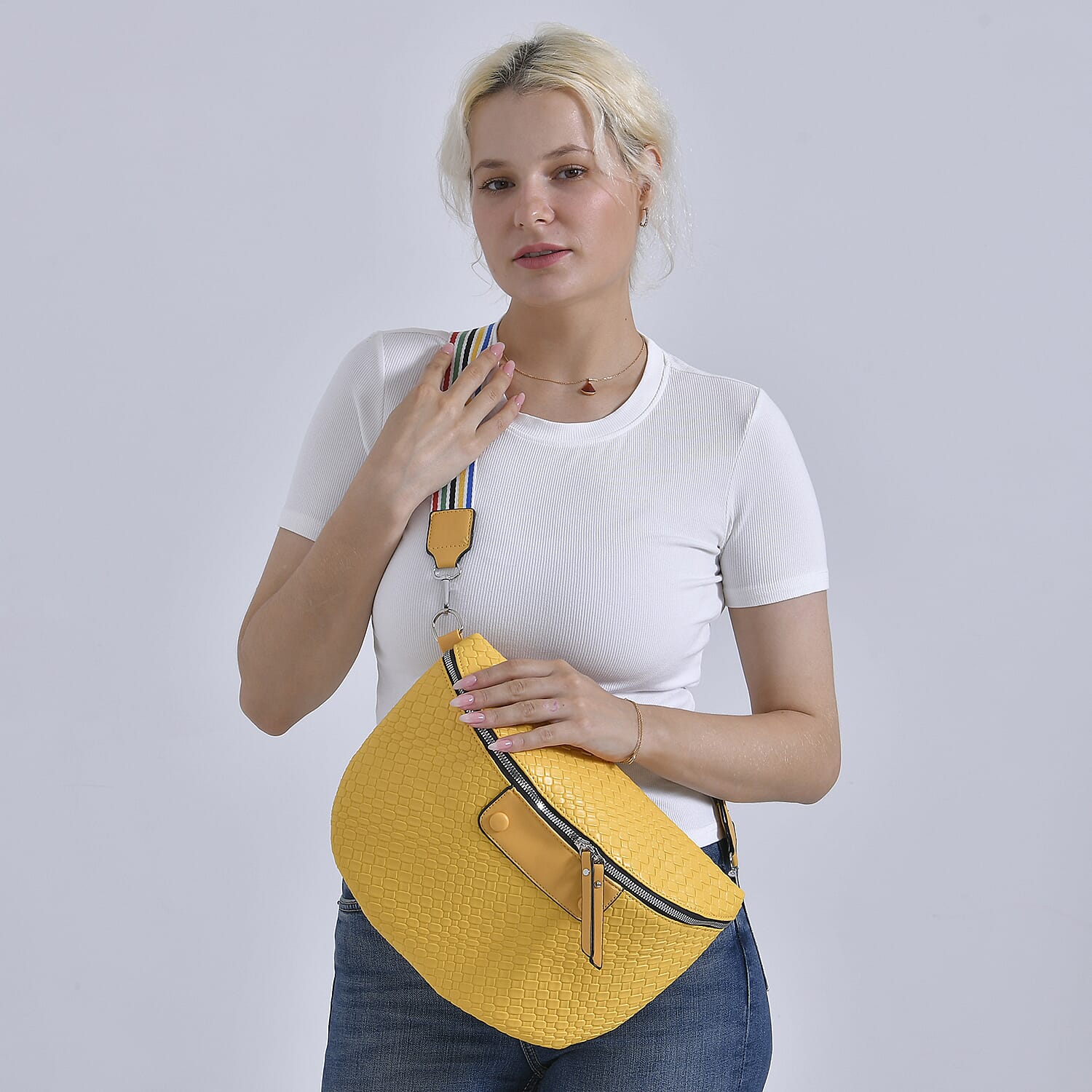 Leatherette Weave Pattern Crossbody Bag - Yellow