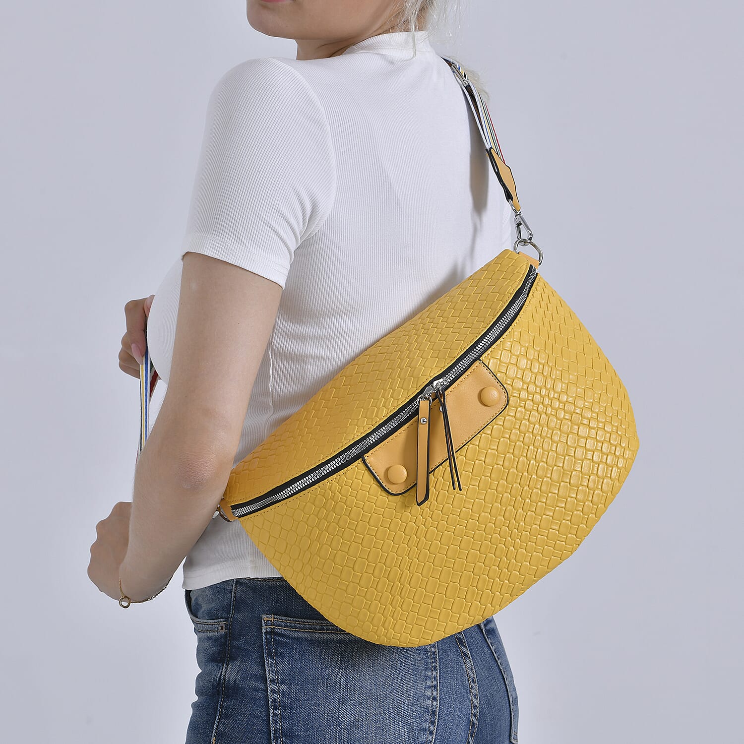 Leatherette Weave Pattern Crossbody Bag - Yellow