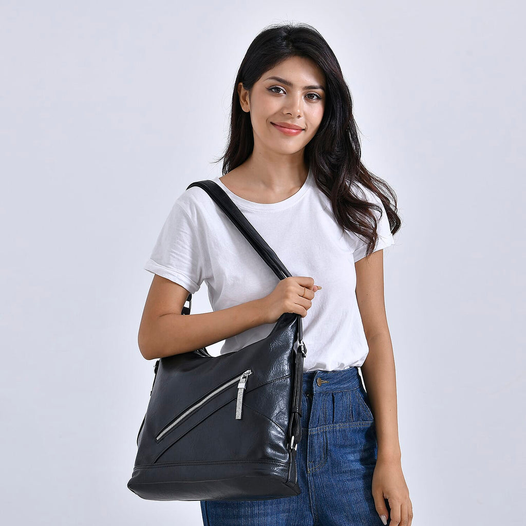 3 in 1 Solid Versatile Styling Crossbody, Shoulder & Tote Bag - Black