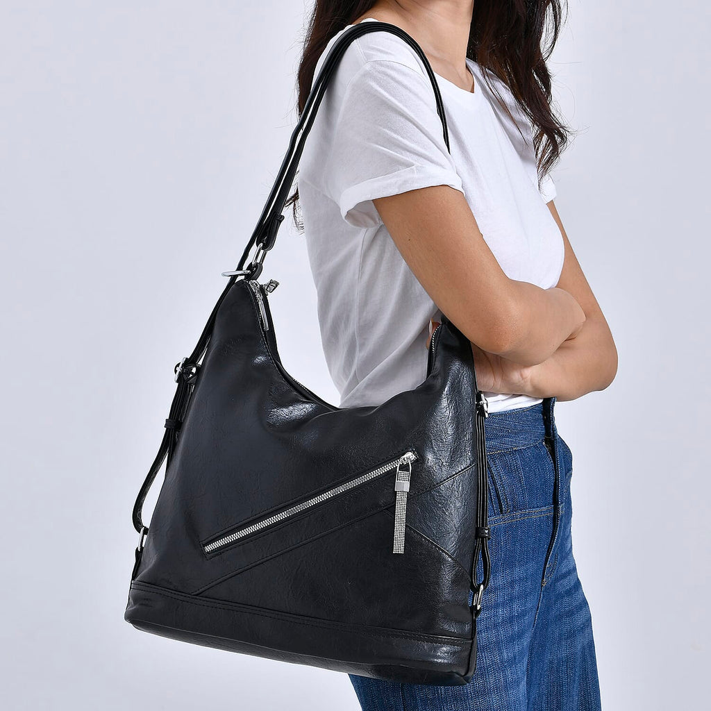 3 in 1 Solid Versatile Styling Crossbody, Shoulder & Tote Bag - Black