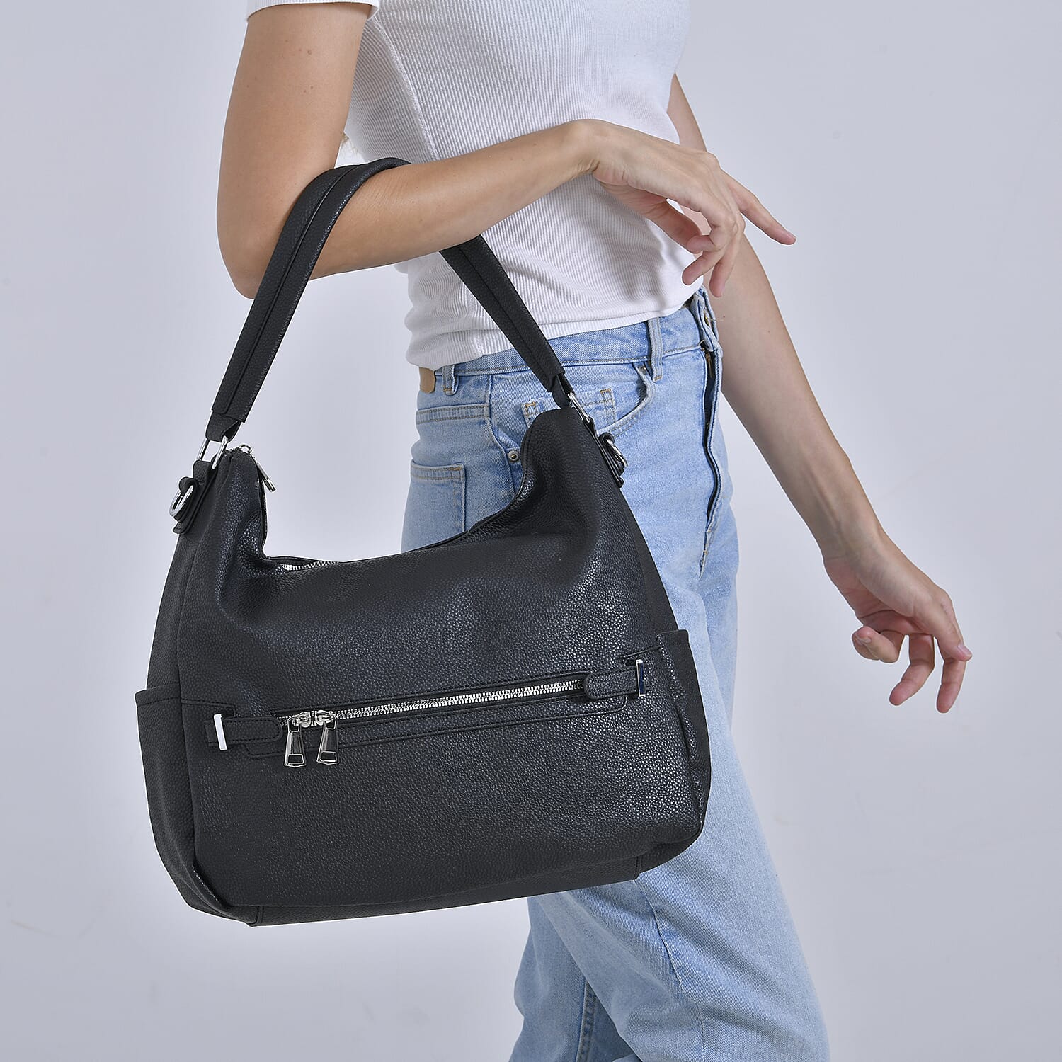 Solid Hobo Style Shoulder Bag - Black