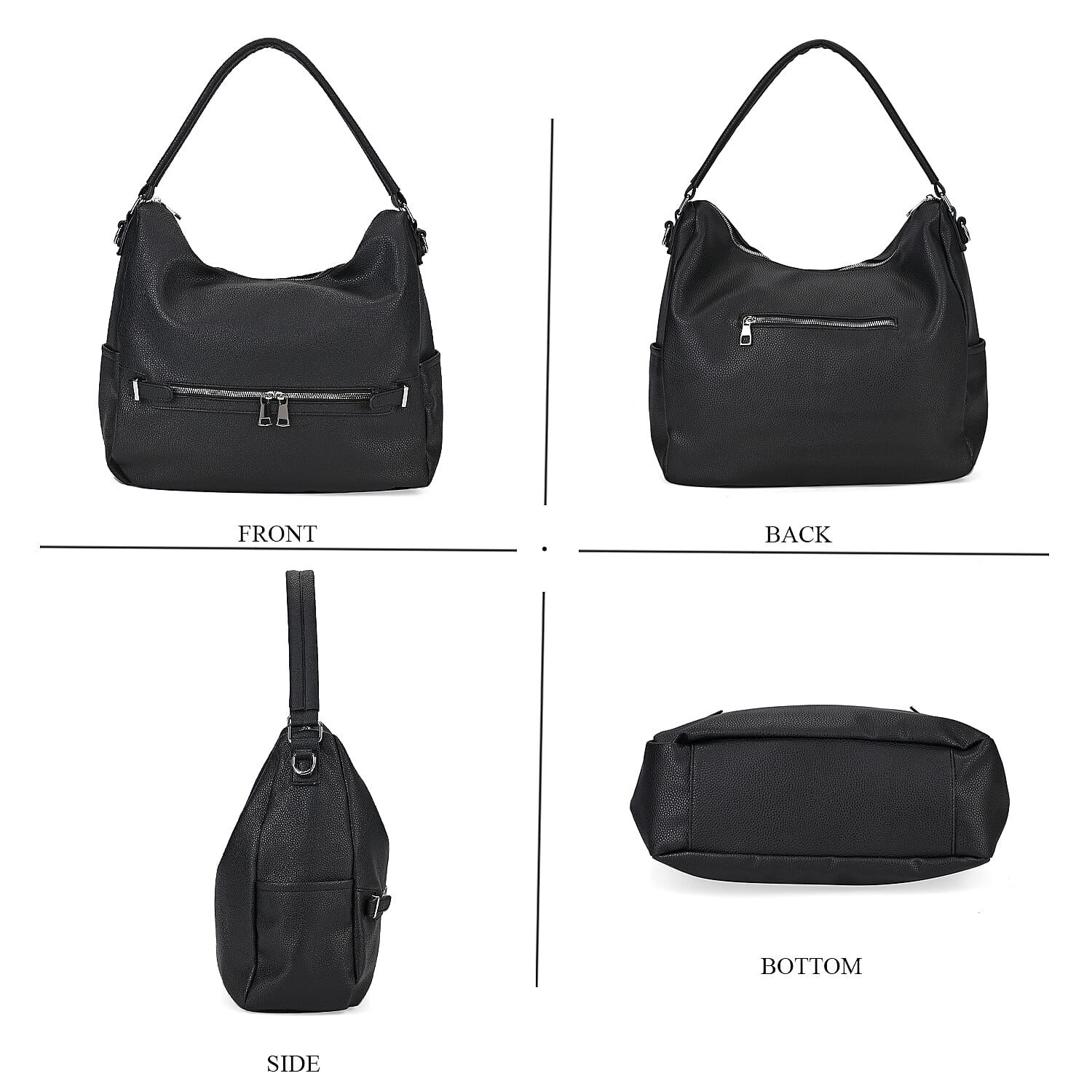 Solid Hobo Style Shoulder Bag - Black
