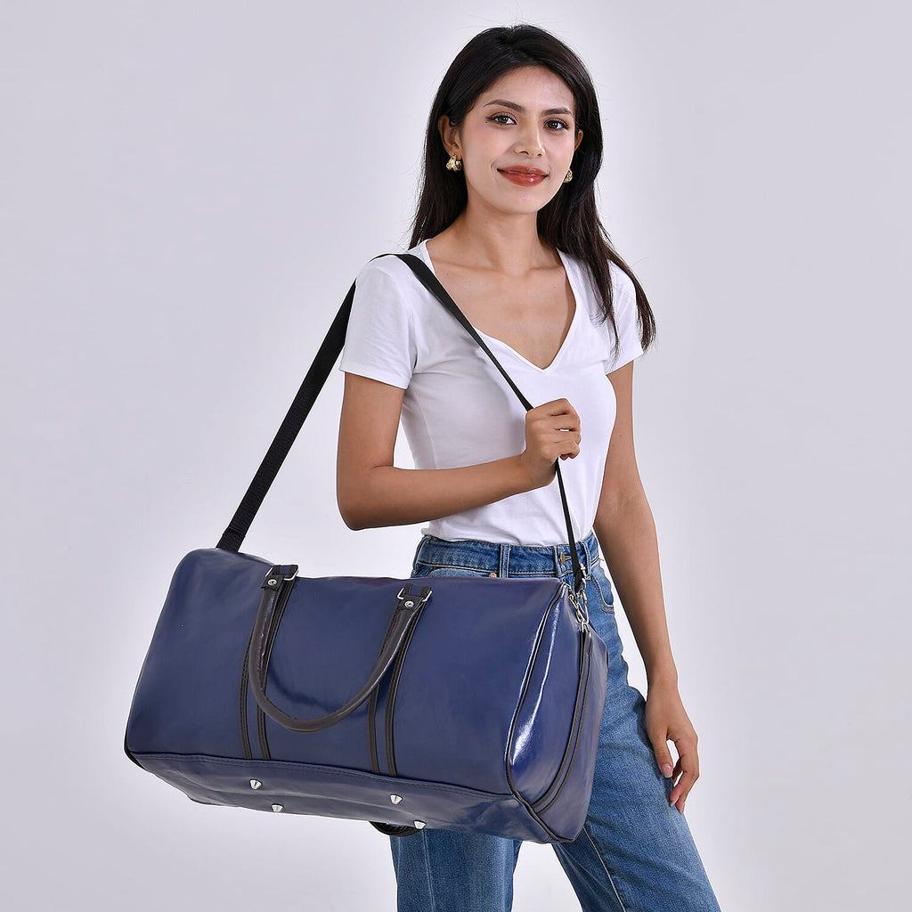 Designer Inspired Travel Duffle Bag with Shoulder Strap - Navy