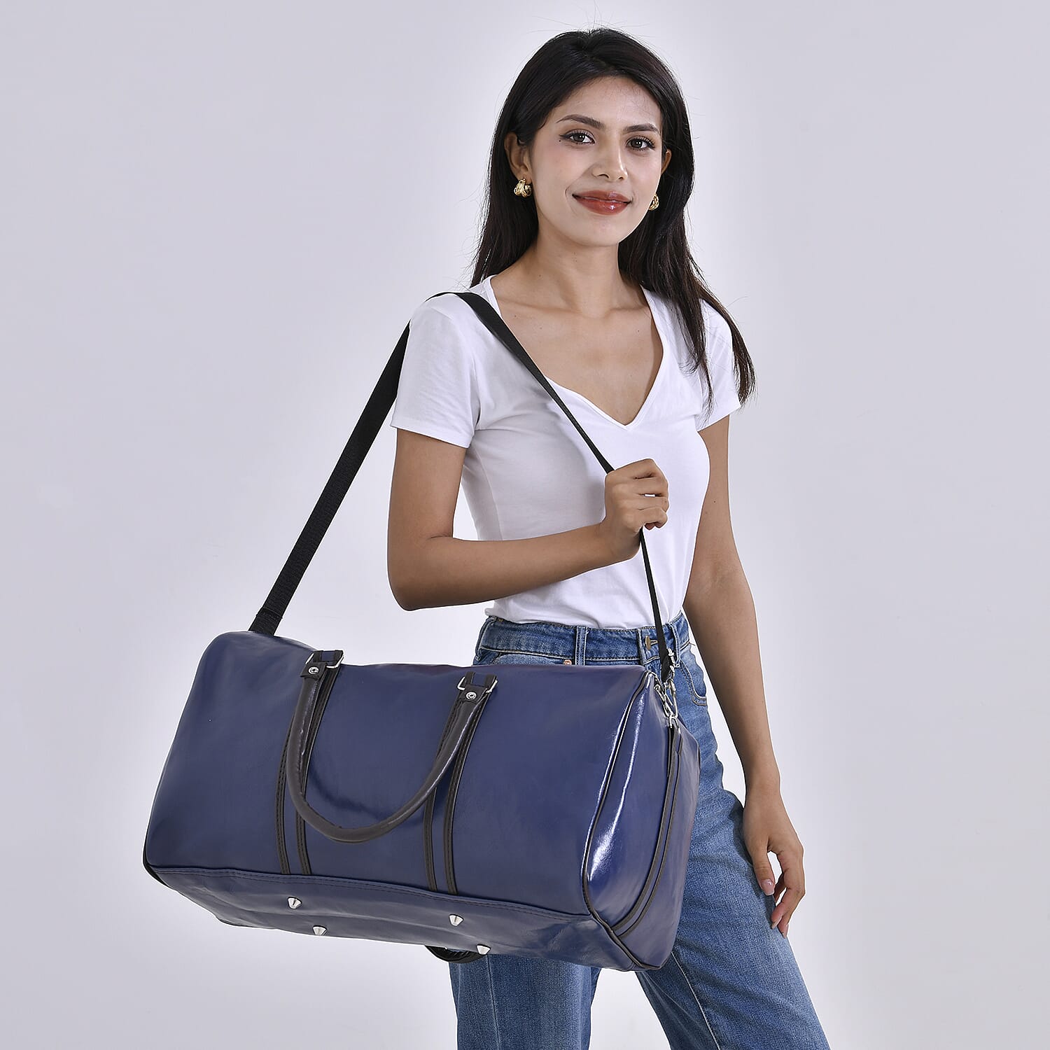 Designer Inspired Travel Duffle Bag with Shoulder Strap - Navy