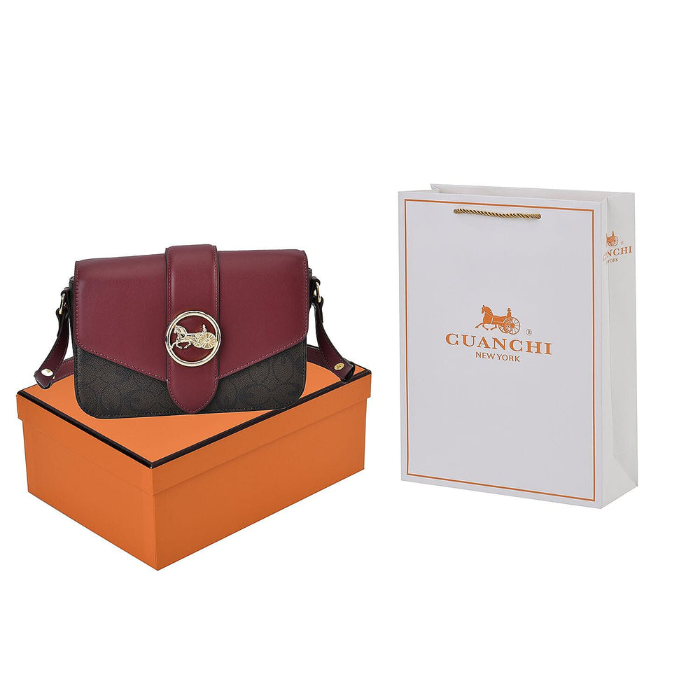 New Designer Launch GUANCHI New York Top Flap Crossbody Bag With Handle Drop - Adjustable Shoulder Strap - Burgundy - Coffee