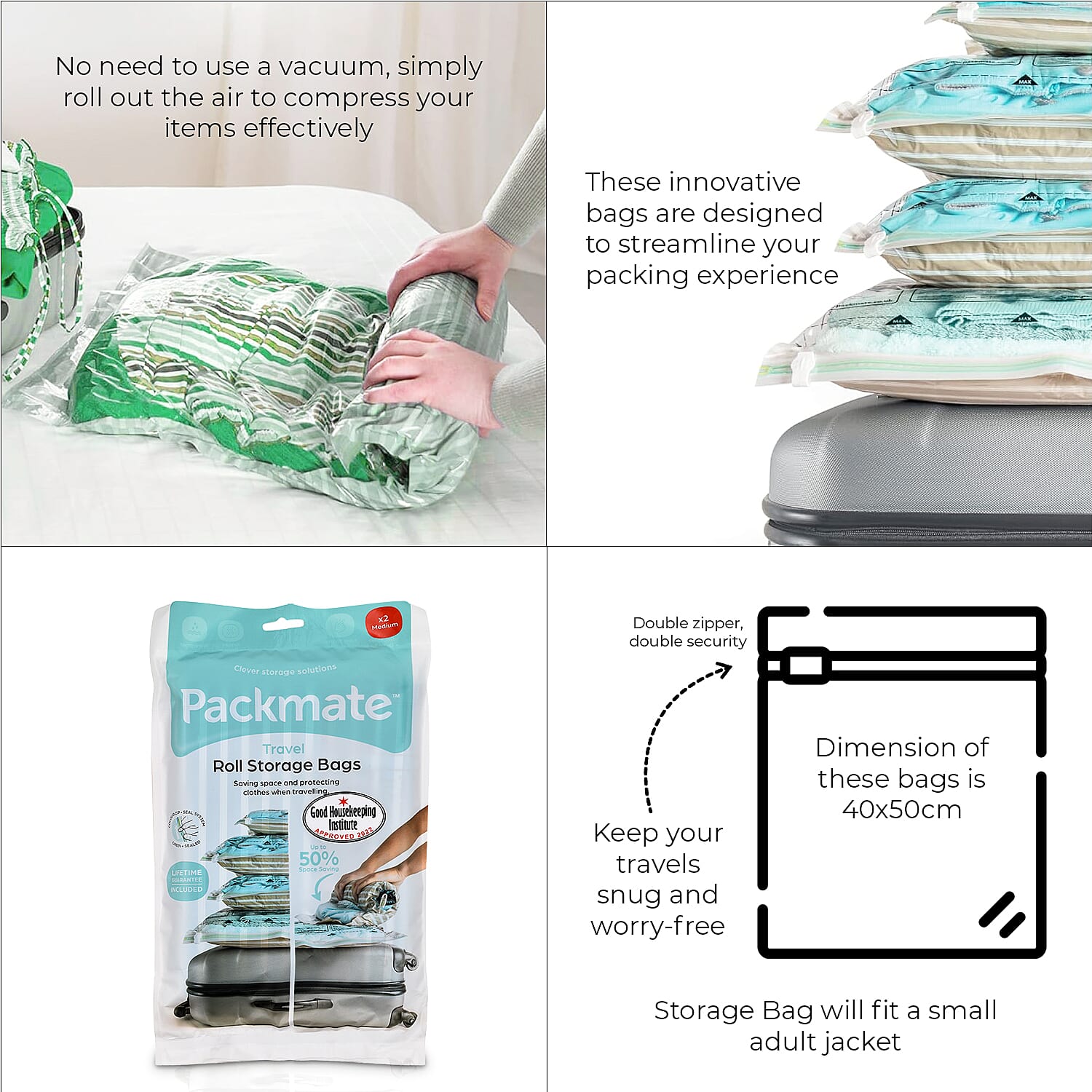 Pack of 2 - Packmate Travel Roll Storage Bags (Size-Medium)