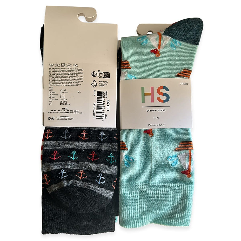 Pack of 3 Happy Boat Pattern Socks - Multi - Navy