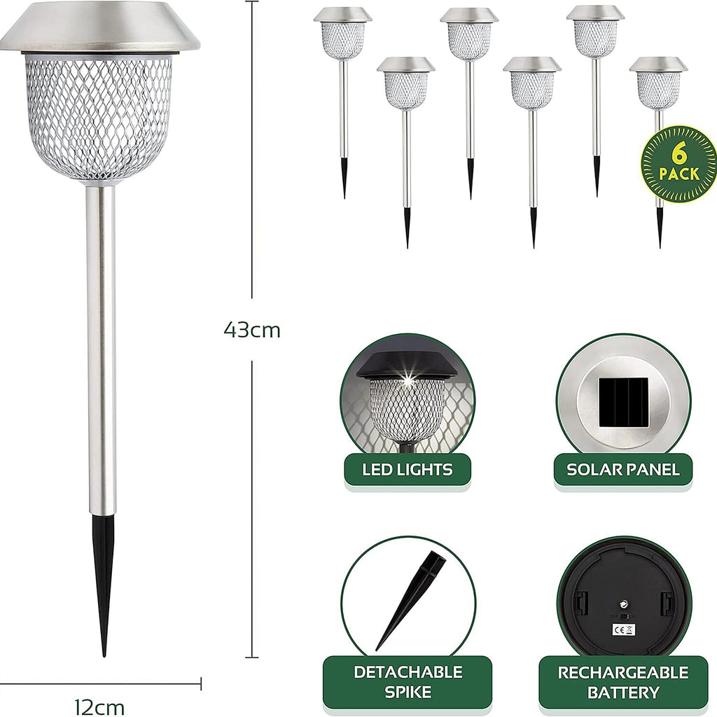 Pack of 6 Solar Stake Lights With Mesh Lampshades - Silver