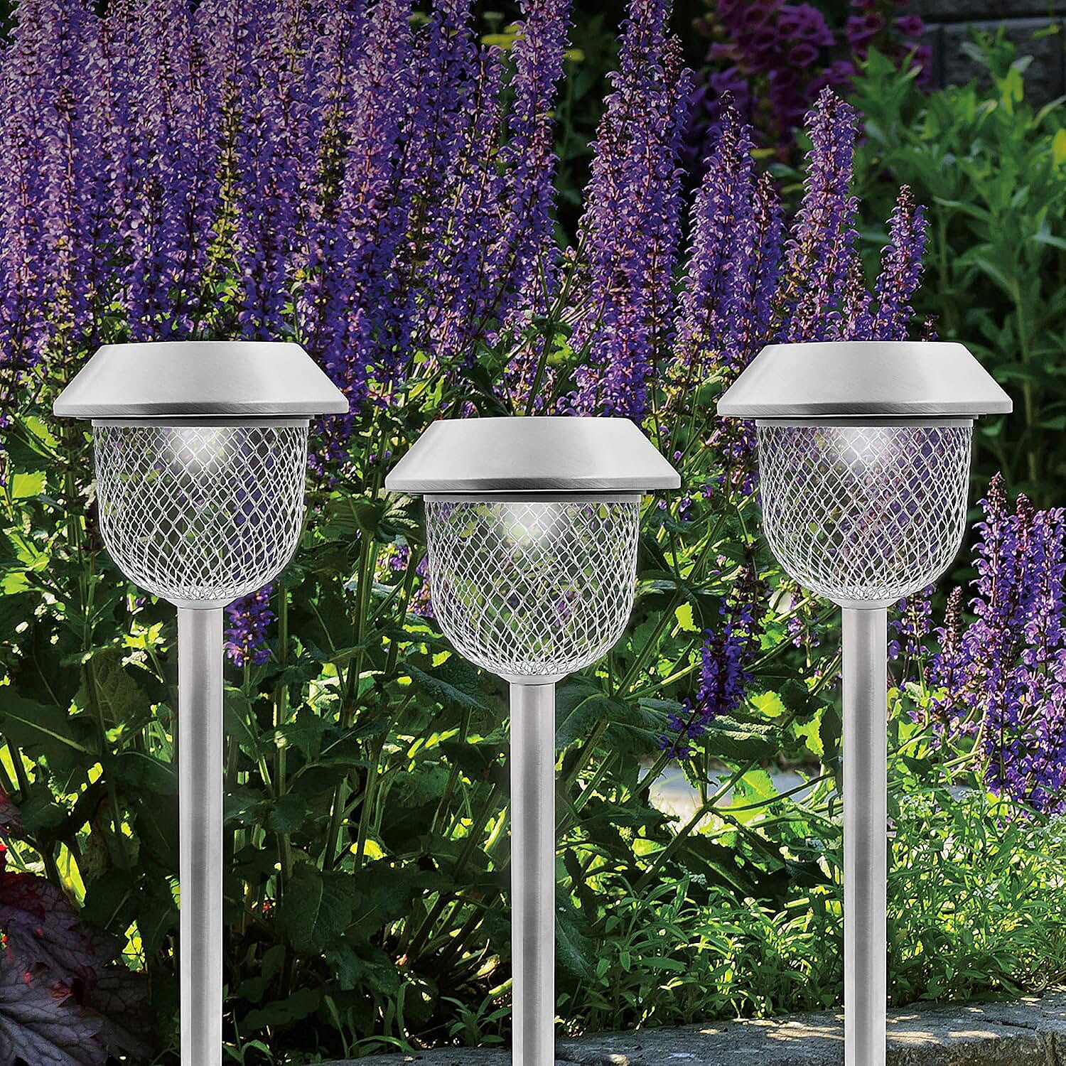 Pack of 6 Solar Stake Lights With Mesh Lampshades - Silver