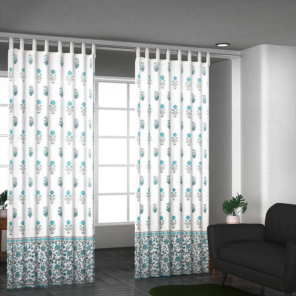 Set of 2 - Floral Printed Cotton Curtain with Tie Back Loops (Size 110x245cm) - White, Teal & Grey