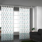 Set of 2 - Floral Printed Cotton Curtain with Tie Back Loops (Size 110x245cm) - White, Teal & Grey