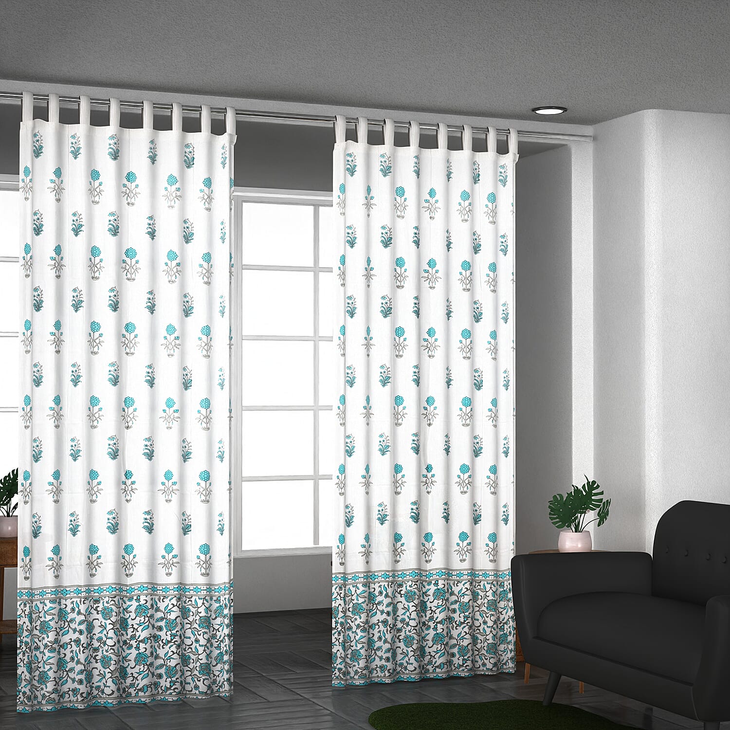 Set of 2 - Floral Printed Cotton Curtain with Tie Back Loops (Size 110x245cm) - White, Teal & Grey