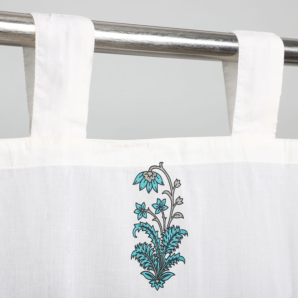 Set of 2 - Floral Printed Cotton Curtain with Tie Back Loops (Size 110x245cm) - White, Teal & Grey