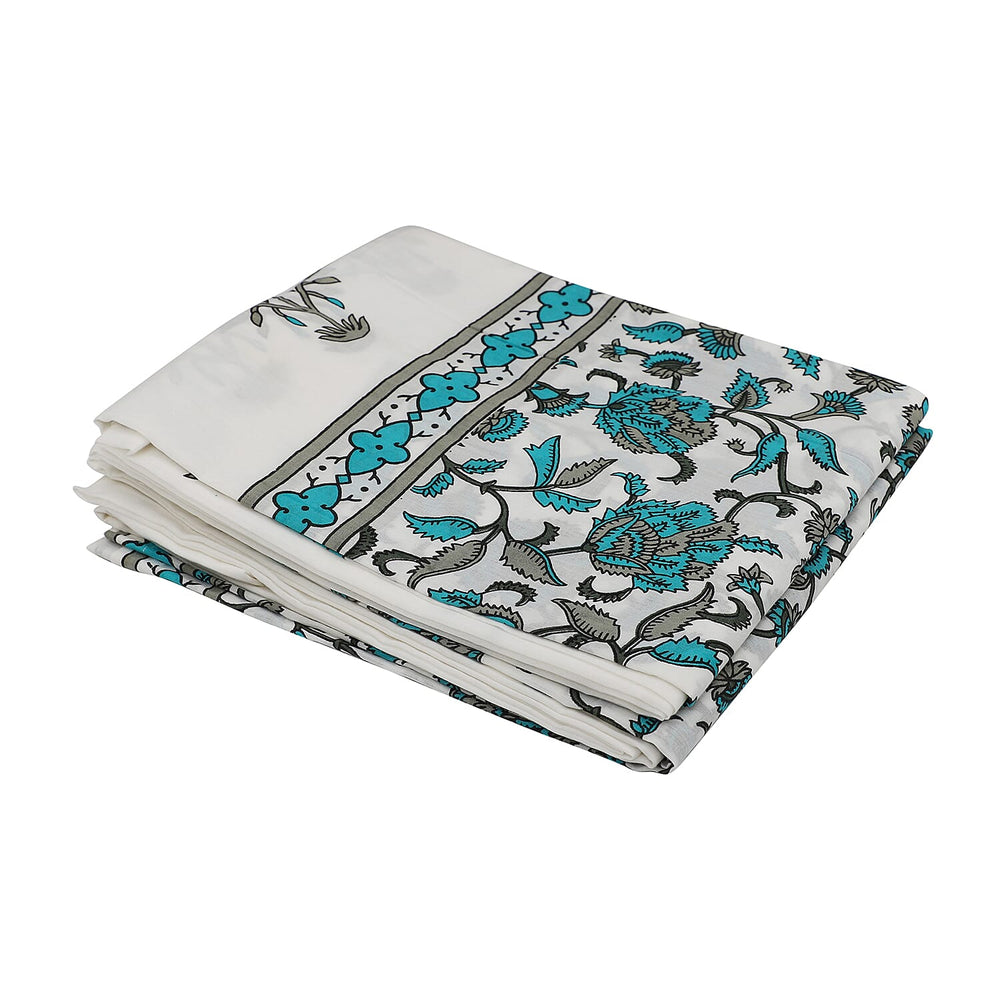 Set of 2 - Floral Printed Cotton Curtain with Tie Back Loops (Size 110x245cm) - White, Teal & Grey