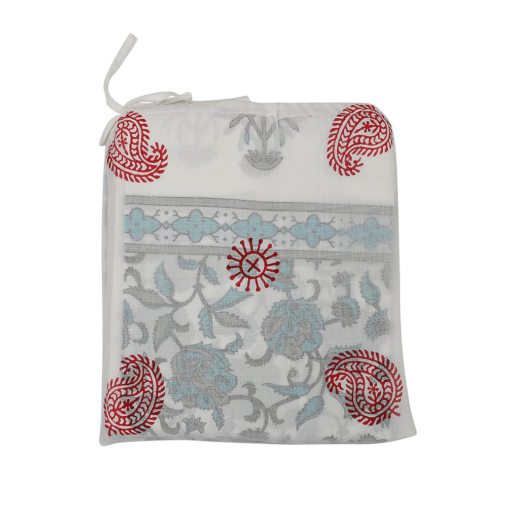 Set of 2 - Floral Printed Cotton Curtain with Tie Back Loops (Size 110x245cm) - White, Teal & Grey