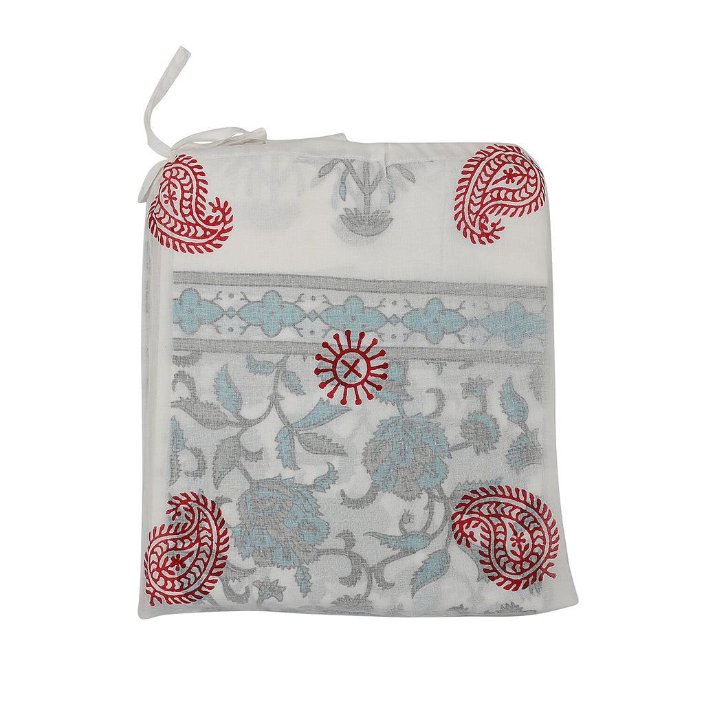 Set of 2 - Floral Printed Cotton Curtain with Tie Back Loops (Size 110x245cm) - White, Teal & Grey